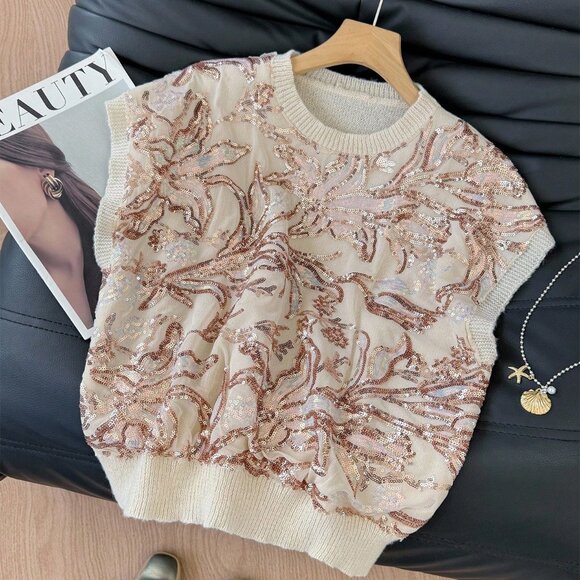 Apricot Casual Women's Sequin Embroidered Sleeveless Knit Tops - Picture 1 of 6